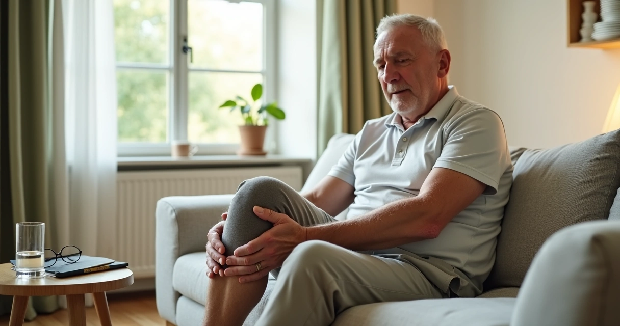 Senhor sentado no sofá segurando o joelho esquerdo com dor 