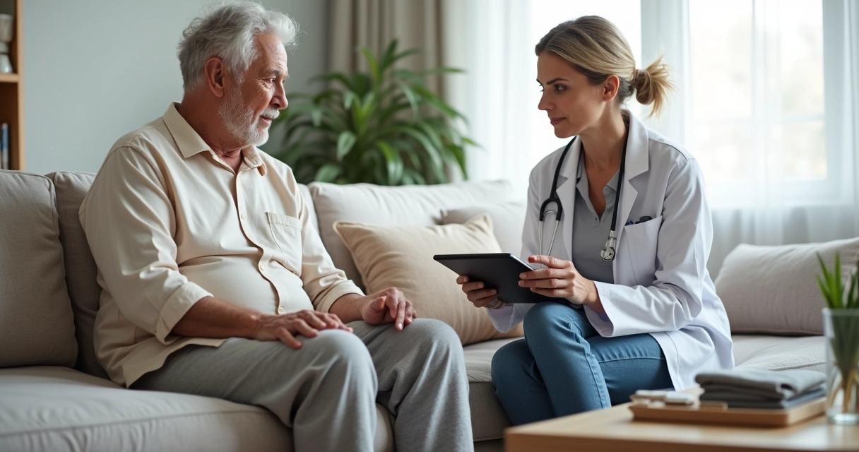 Idoso sentado no sofá segurando o joelho e conversando com médica sobre remédio 