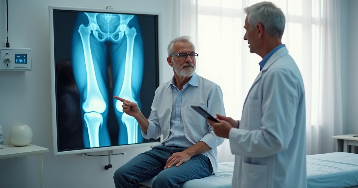 Senhor segurando o joelho dolorido enquanto observa raio X do joelho em consultório médico 