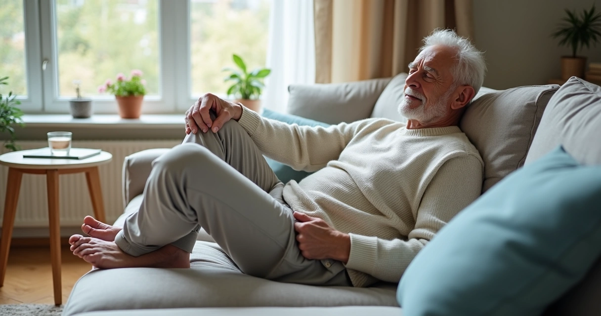 Senhor sentado no sofá segurando o joelho dolorido em repouso 