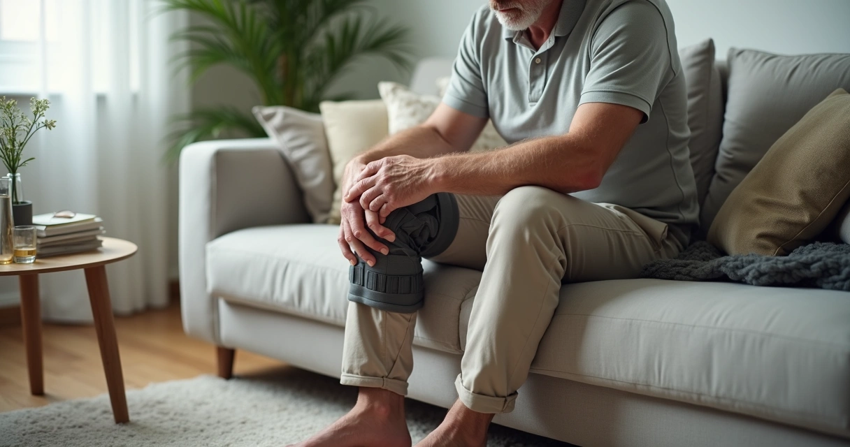 Senhor segurando o joelho dolorido sentado no sofá em casa 