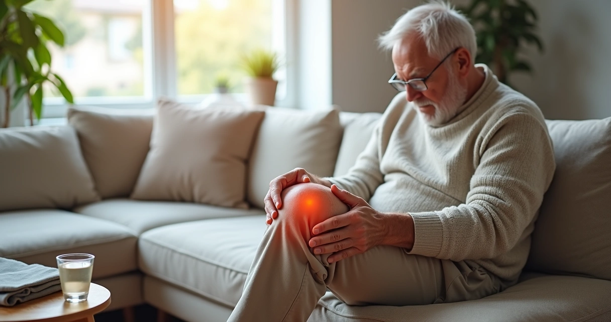 Senhor sentado no sofá segurando o joelho com expressão de dor 