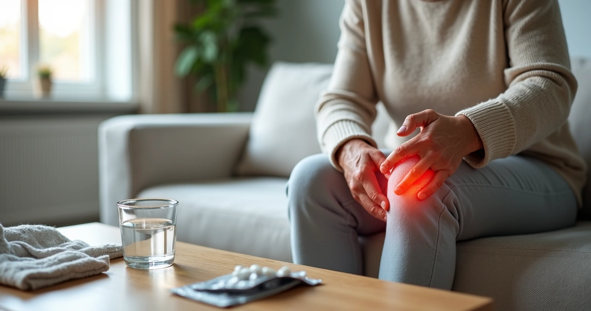 Pessoa idosa sentada no sofá segurando o joelho dolorido com remédios sobre a mesa 