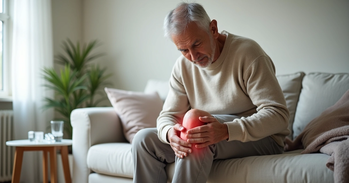 Idoso sentado no sofá segurando o joelho dolorido com expressão de desconforto 