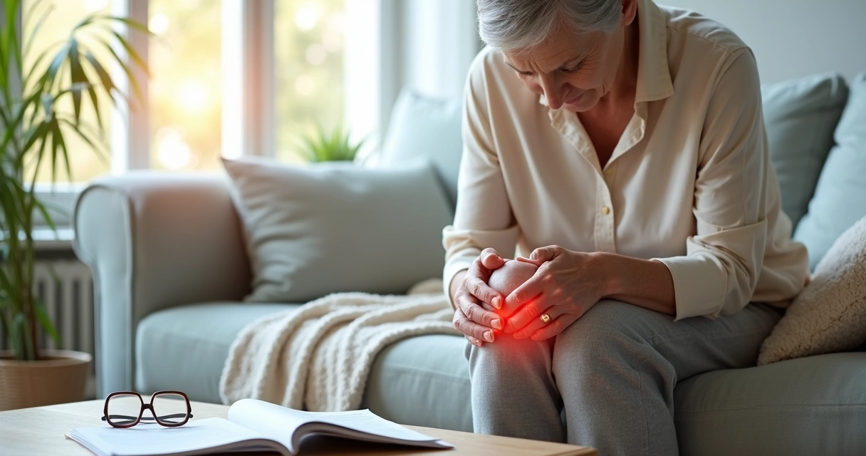 Mulher idosa sentada no sofá segurando o joelho dolorido 