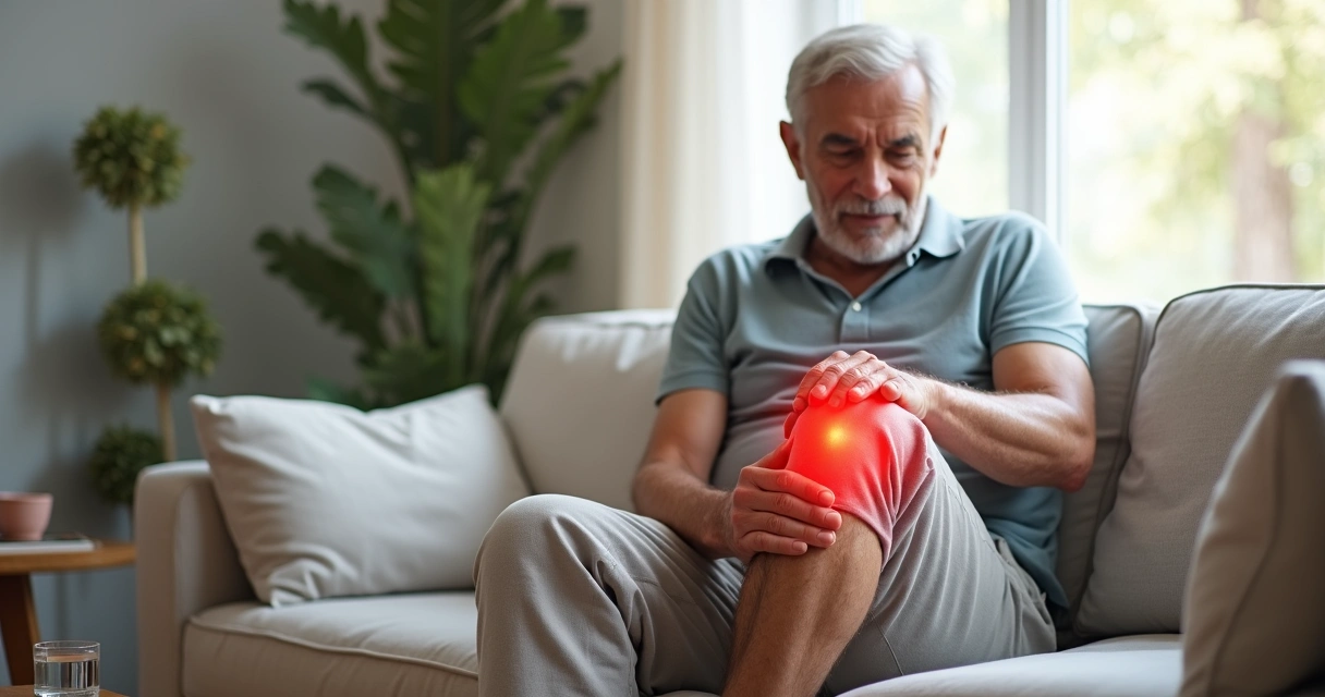 Senhor sentado no sofá tocando a lateral do joelho com expressão de dor 