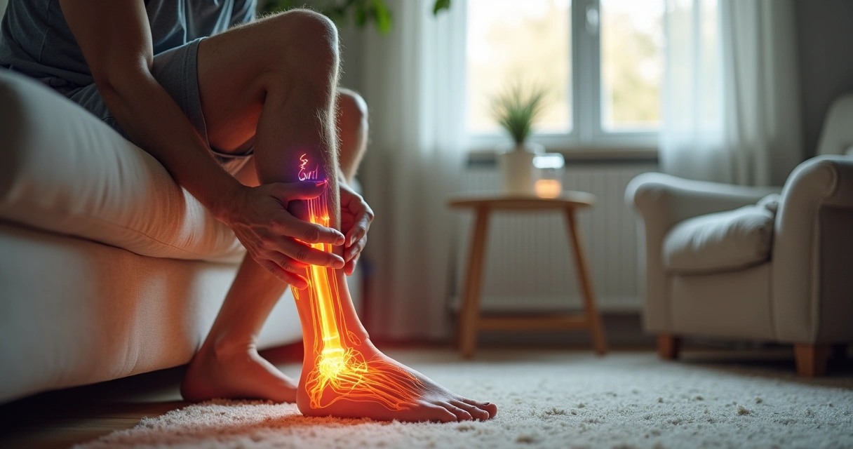Idoso sentado em poltrona confortavel segurando a panturrilha com dor neuropática nos pés 