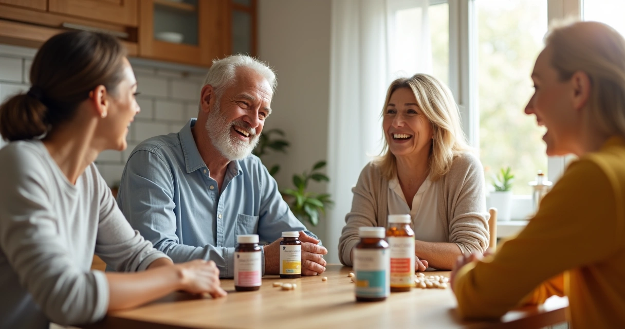 Idoso sorrindo ao lado da família e frascos de suplementos