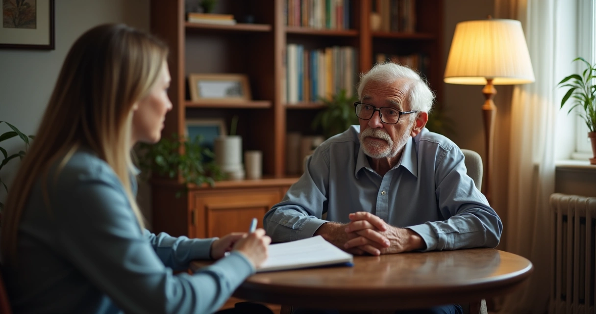 Idoso em sessão de terapia com terapeuta atenta