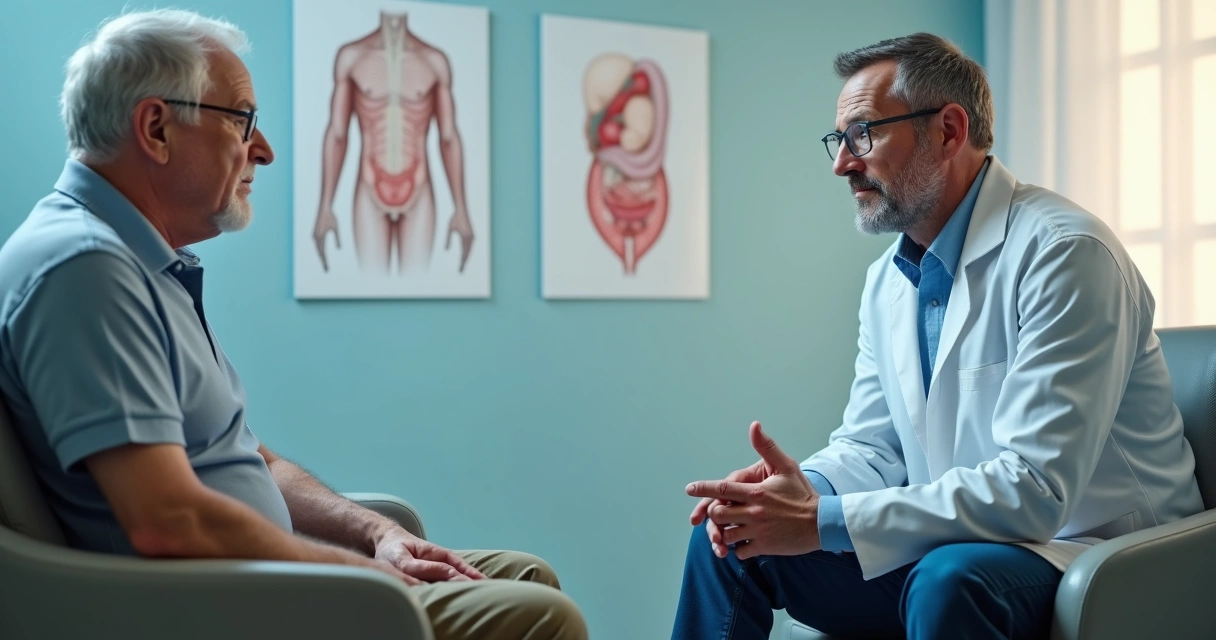 Idoso escutando médico urologista em consultório sobre prótese peniana 