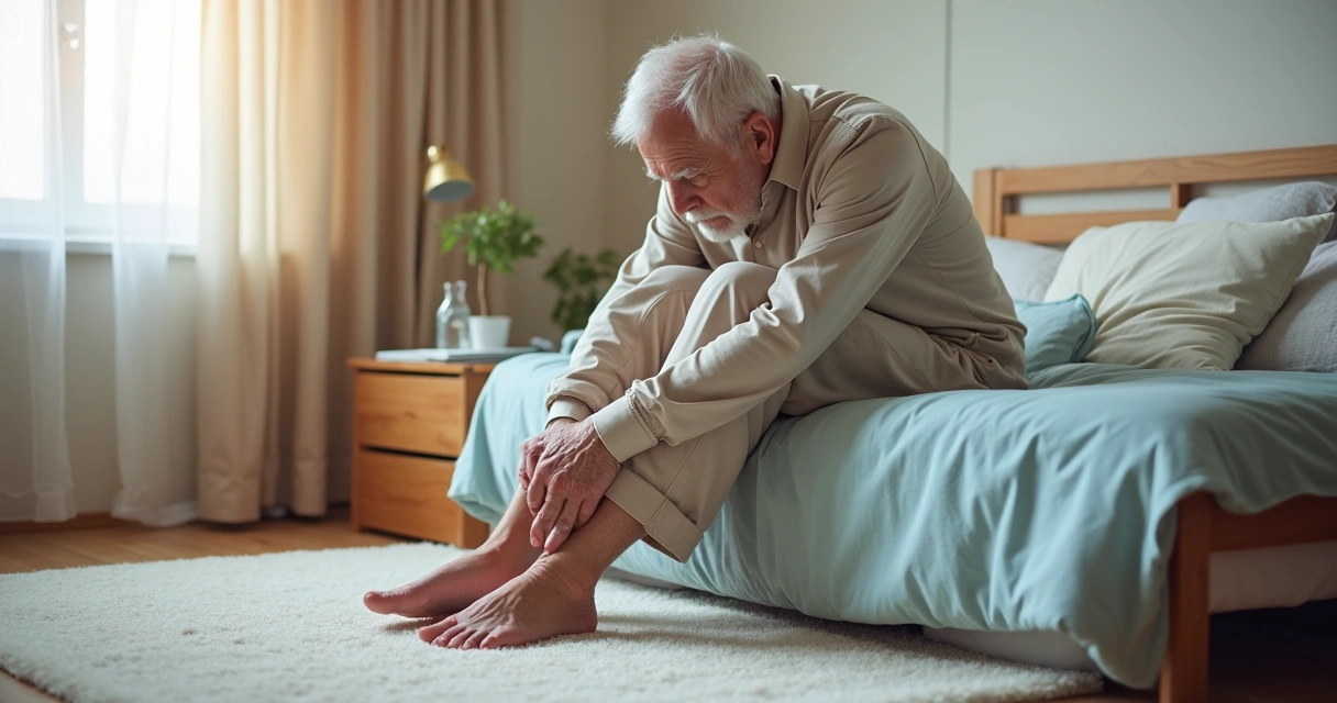 Homem idoso com diabetes examinando os pés descalços em um quarto bem iluminado 