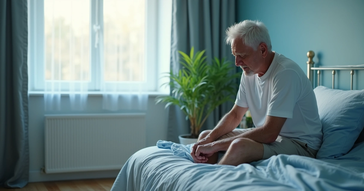Idoso sentado na cama com expressão clara de dor 