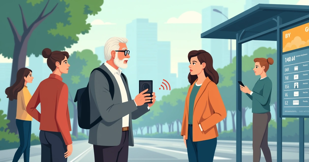 Idoso falando com smart speaker em parada de ônibus enquanto outros aguardam 