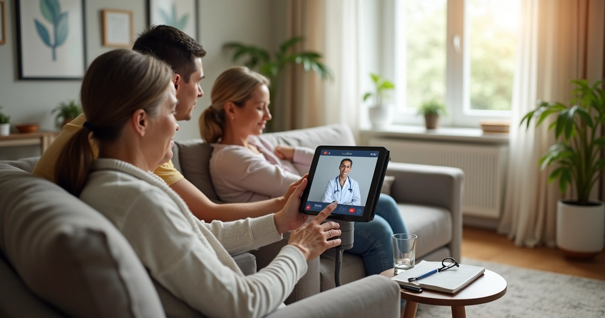 Idoso em sala de estar usando tablet com ajuda da família para teleconsulta 