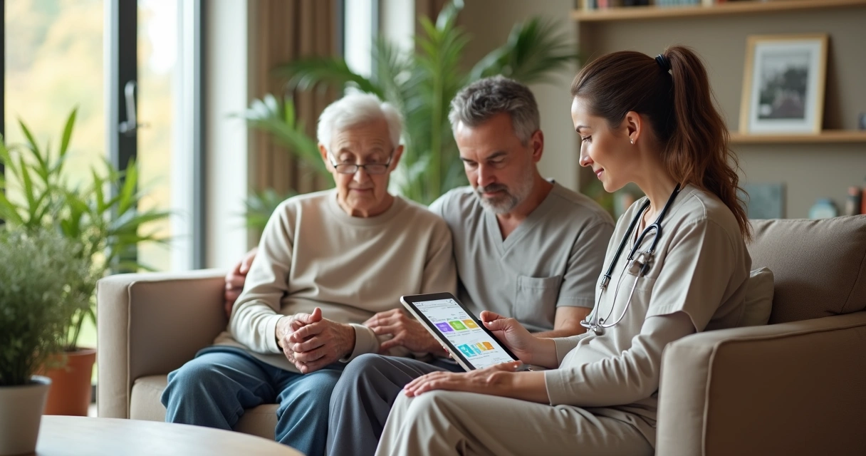 Profissional, idoso e familiar olhando plano de cuidados em tablet 