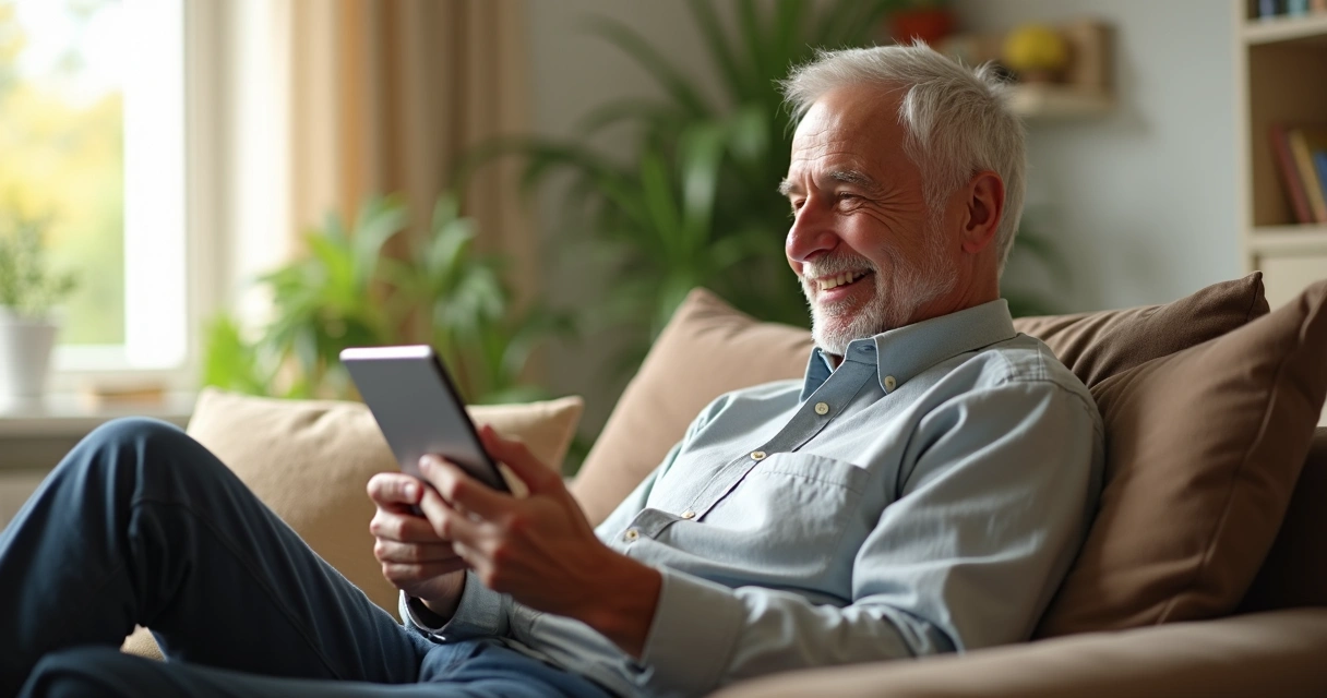 Homem idoso sorrindo sentado em sofá com tablet nas mãos