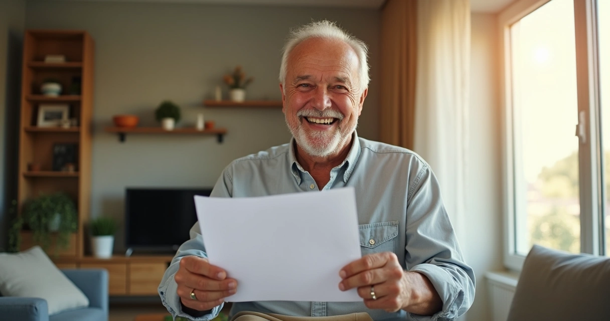 Idoso sorridente segurando carteira de trabalho em casa.