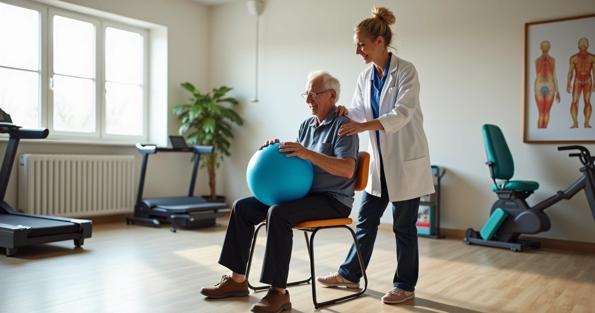 Paciente idoso com artrose fazendo exercícios de fisioterapia com bola em clínica de reabilitação 