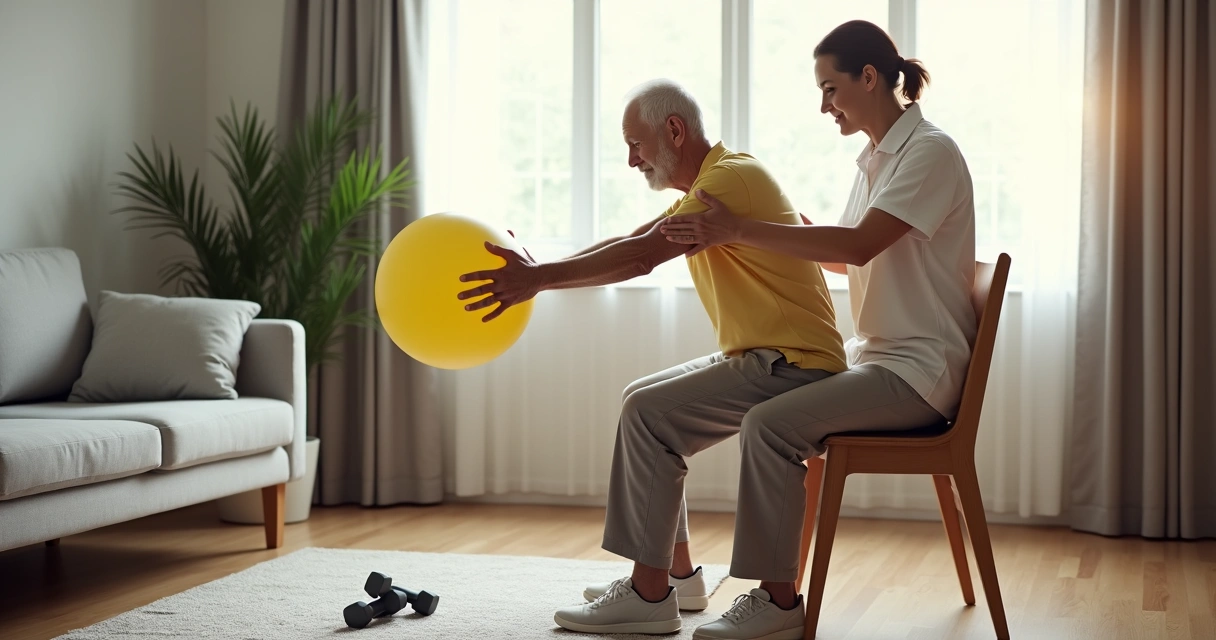 Fisioterapeuta auxilia idoso em exercício funcional na sala de estar 