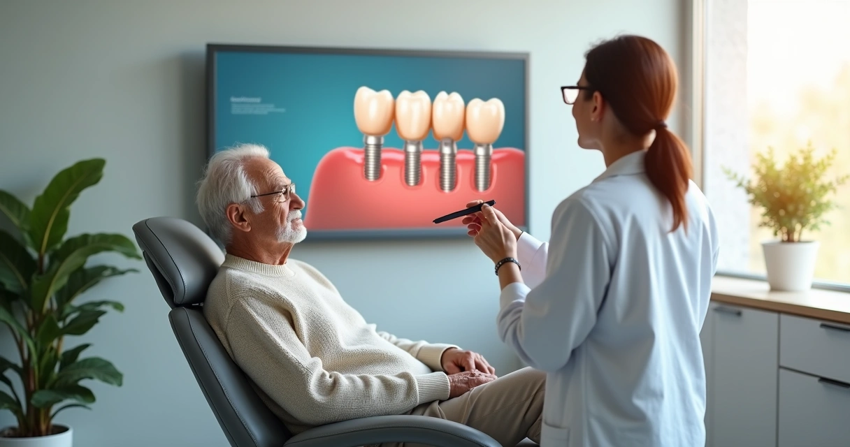 Idoso observando simulação em 3D de implante dentário em consulta odontológica 