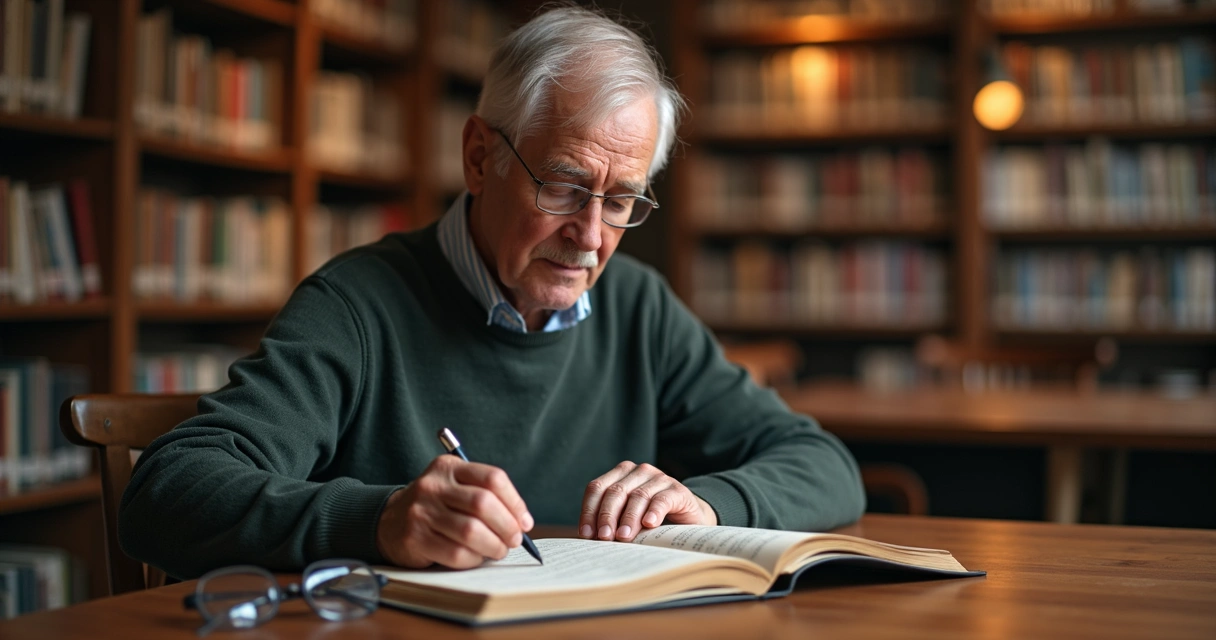 Pessoa idosa lendo em biblioteca