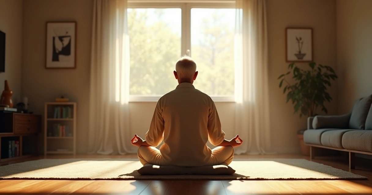 Idoso sentado meditando em ambiente calmo