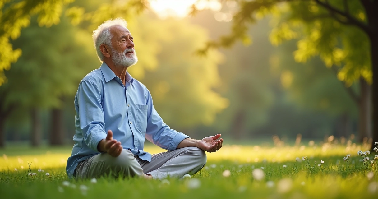 Idoso sentado meditando em parque verde e tranquilo 