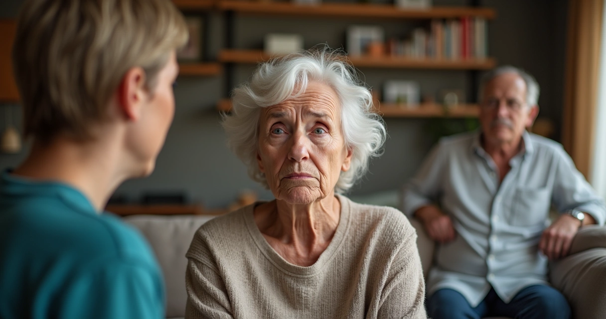 Idosa com expressão confusa rodeada por familiares preocupados.