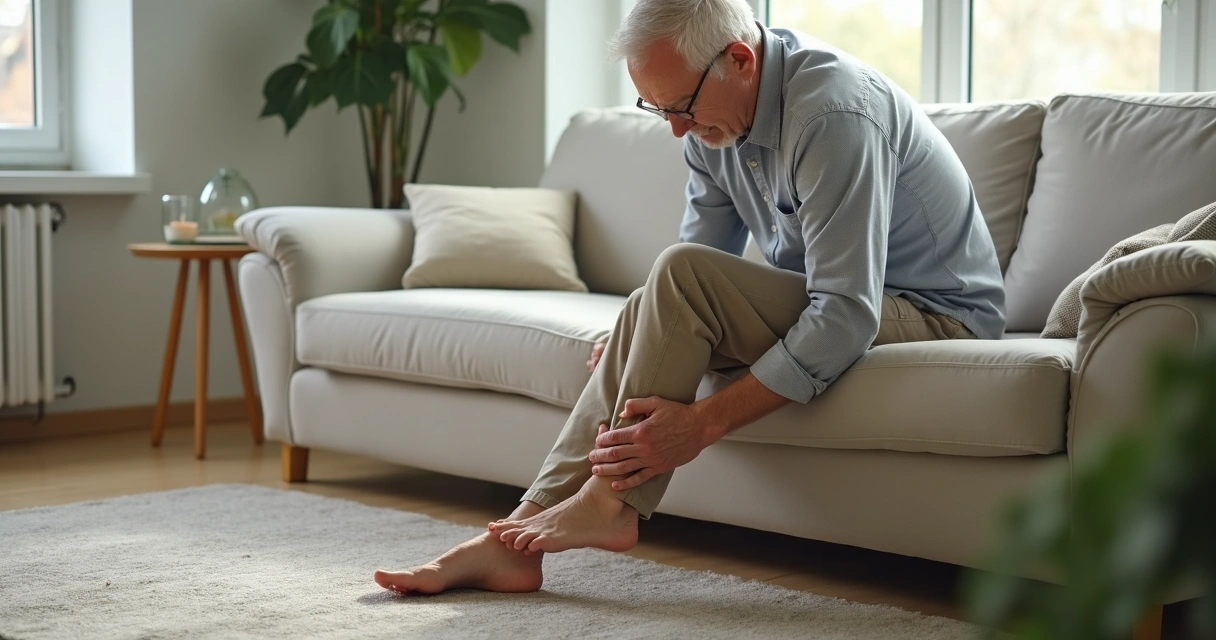 Homem idoso tocando a planta do pé com sensação de formigamento, sentado em sofá em sala iluminada. 