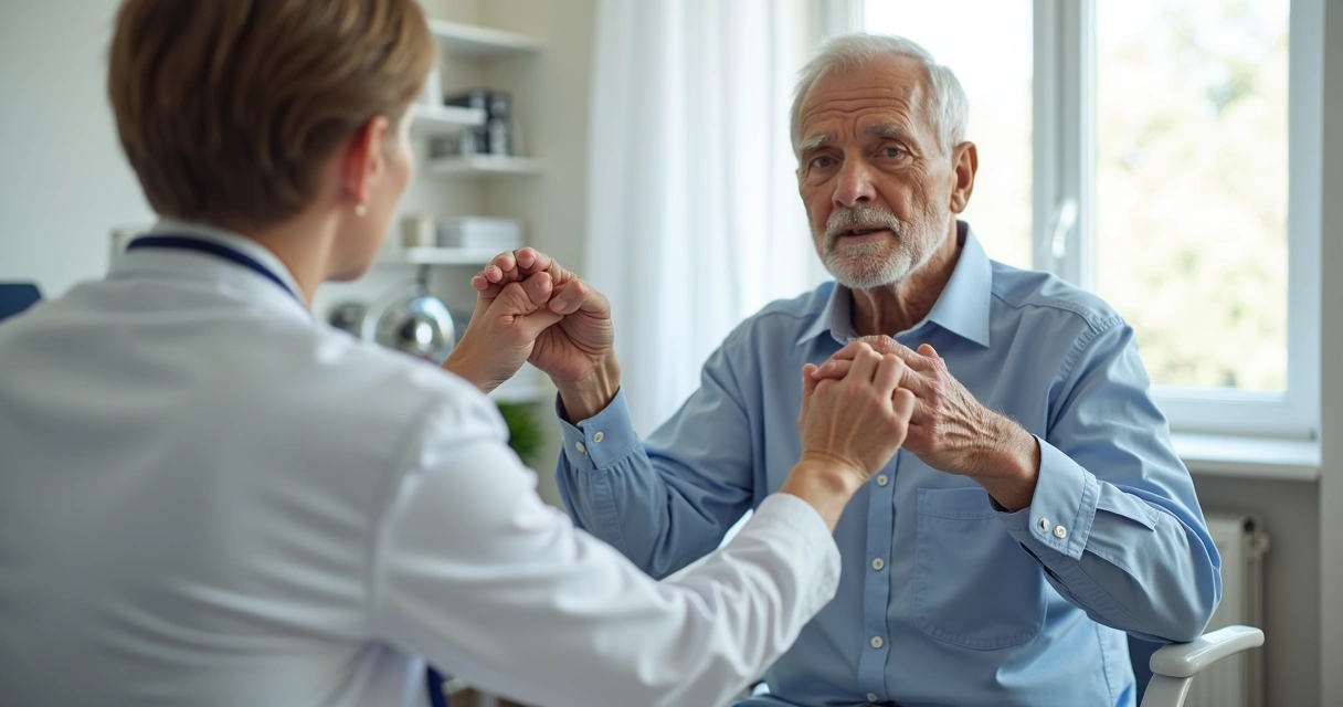 Idoso com Parkinson em sessão de fisioterapia em consultório médico. 