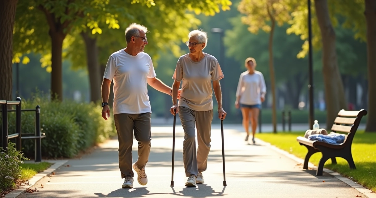 Pessoa idosa com parkinsonismo caminhando com auxílio de fisioterapeuta em parque arborizado 