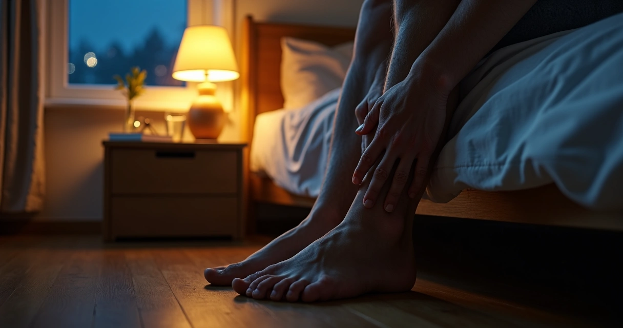 Pessoa idosa sentada na beira da cama massageando os pés à noite 