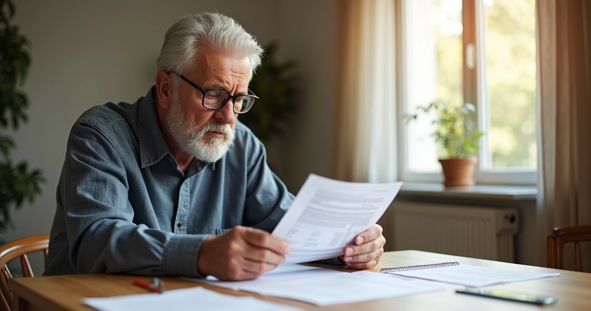 Idoso lendo documento com expressão de preocupação na sala de estar, papéis sobre a mesa ao fundo 