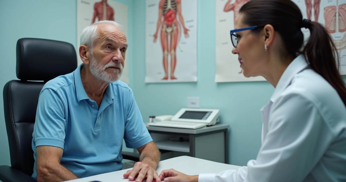 Homem idoso sendo preparado para exame endoscópico por enfermeira 
