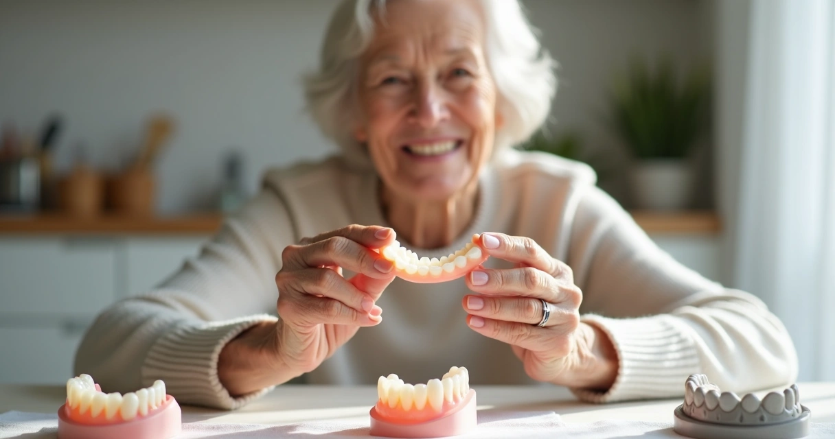 Idoso sorridente segurando prótese flexível próxima ao rosto 