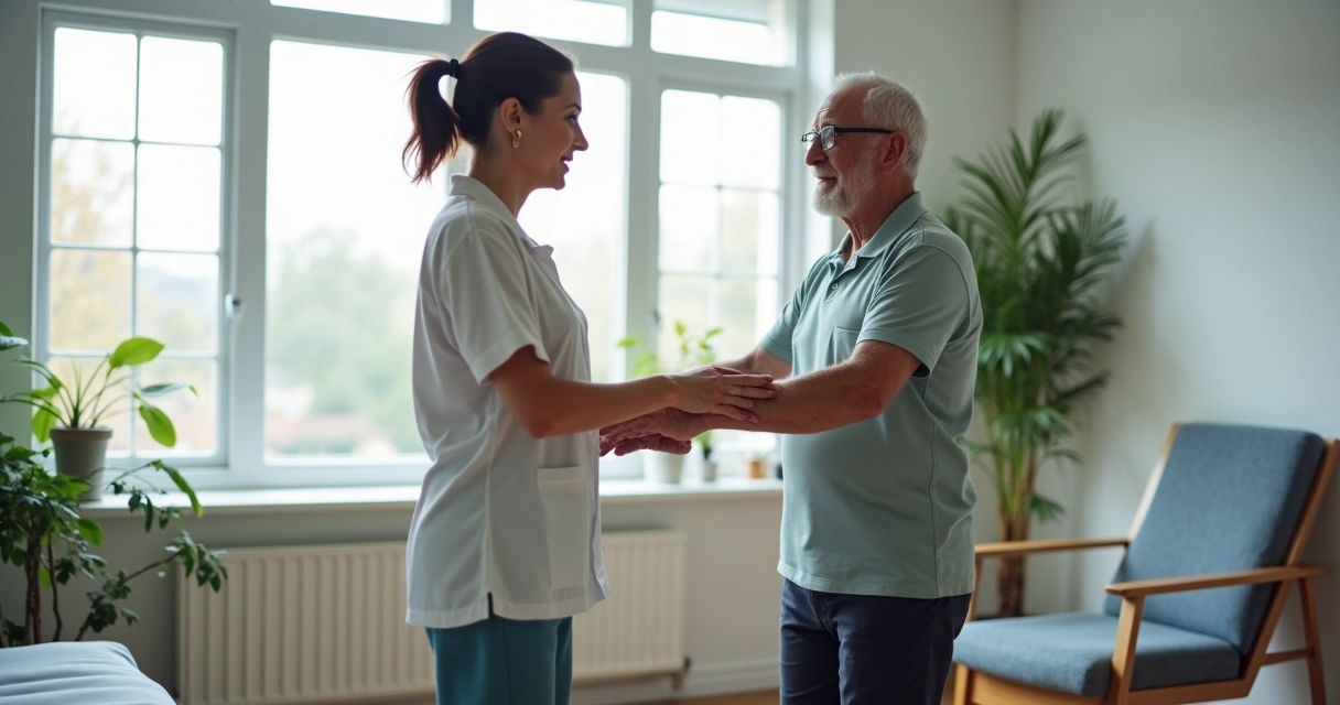 Idoso recebendo orientação de fisioterapeuta durante exercício funcional