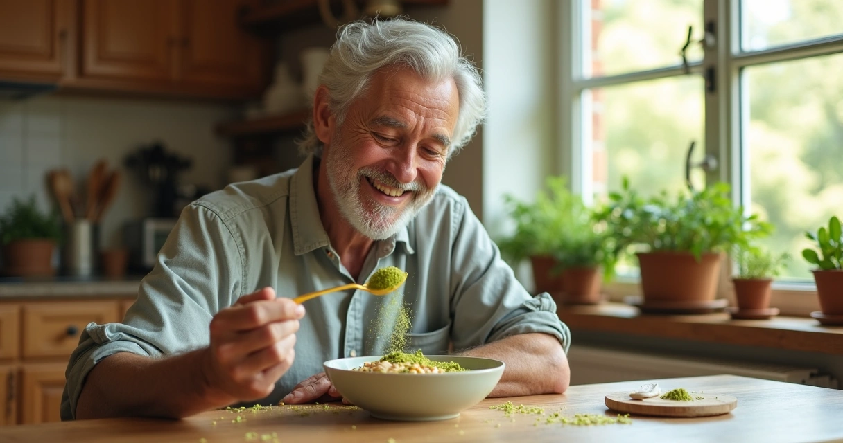 Idoso sorrindo adicionando moringa a uma refeição 