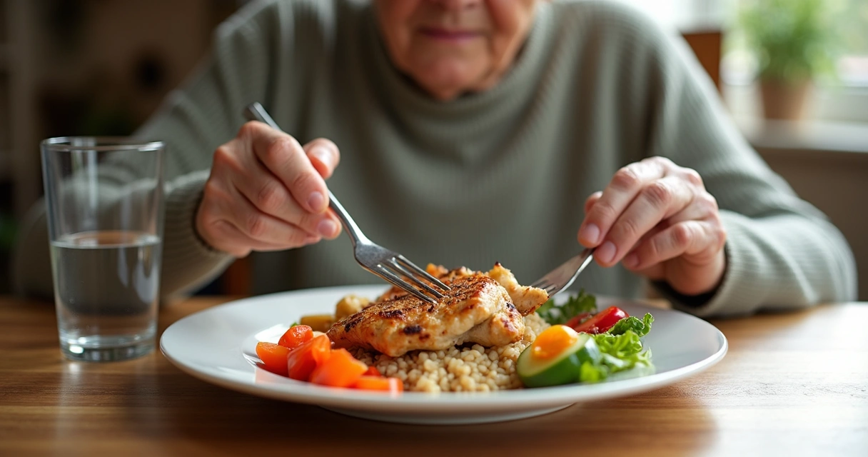 Idoso comendo refeição equilibrada com proteínas, vegetais e grãos integrais 