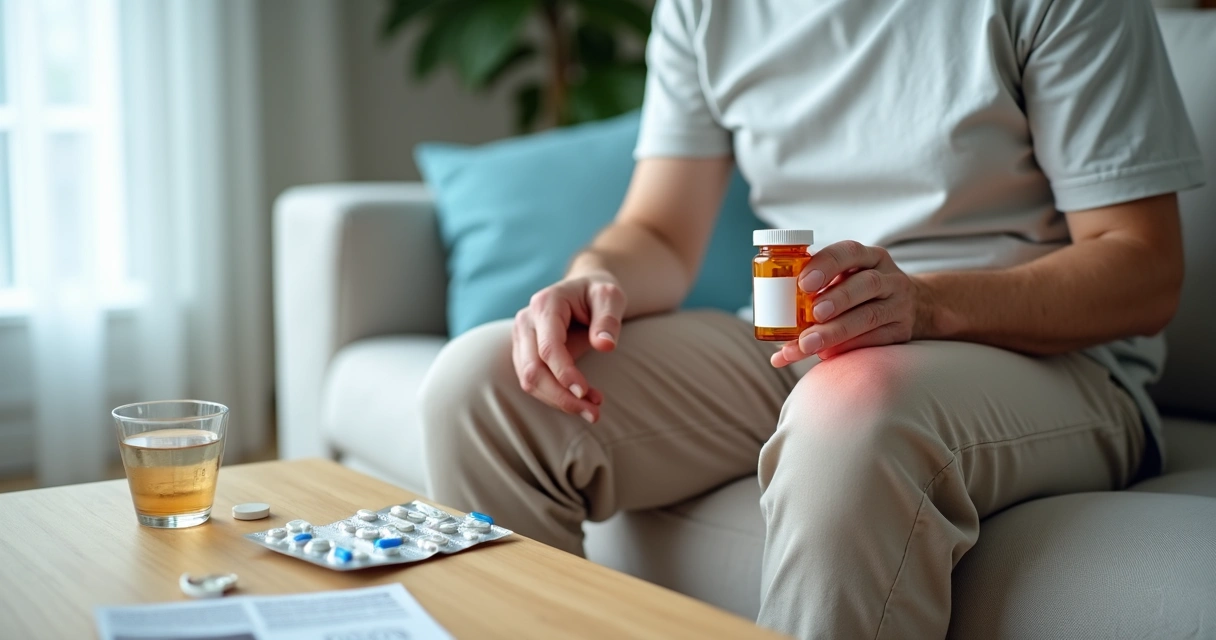 Pessoa idosa sentada olhando frasco de remédio para artrose com foco no joelho dolorido 