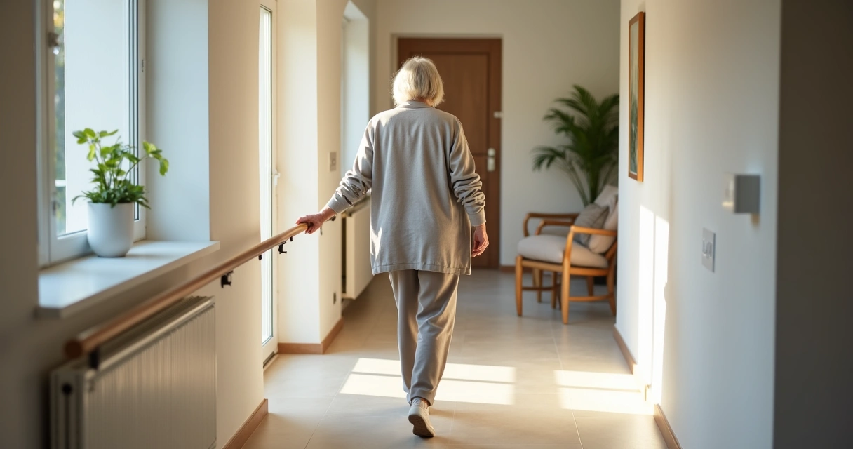 Idoso usando o corrimão para apoio em corredor bem iluminado e adaptado para segurança 