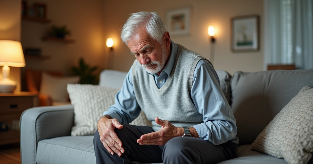 Senhor sentado segurando o joelho em expressão de dor 