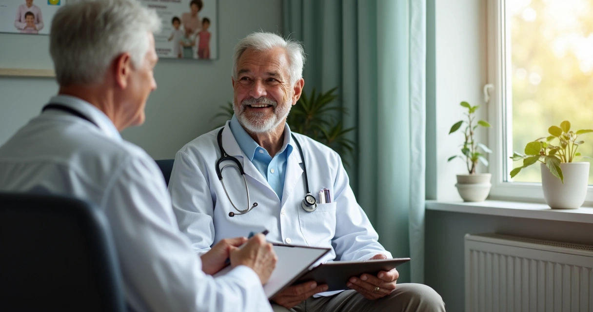 Idoso sentado sorrindo em consulta médica, médico com prancheta à sua frente 