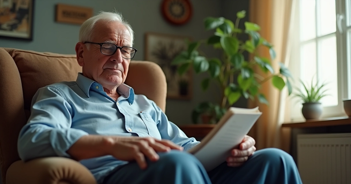 Idoso sentado em poltrona, com expressão cansada e pele levemente pálida 