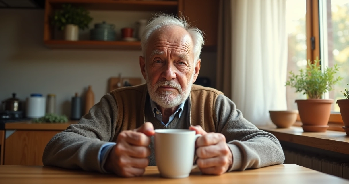 Idoso com expressão preocupada segurando uma caneca com tremor nas mãos. 