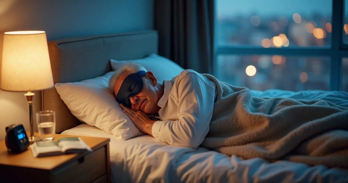 Idoso dormindo com sono tranquilo em quarto aconchegante à noite 