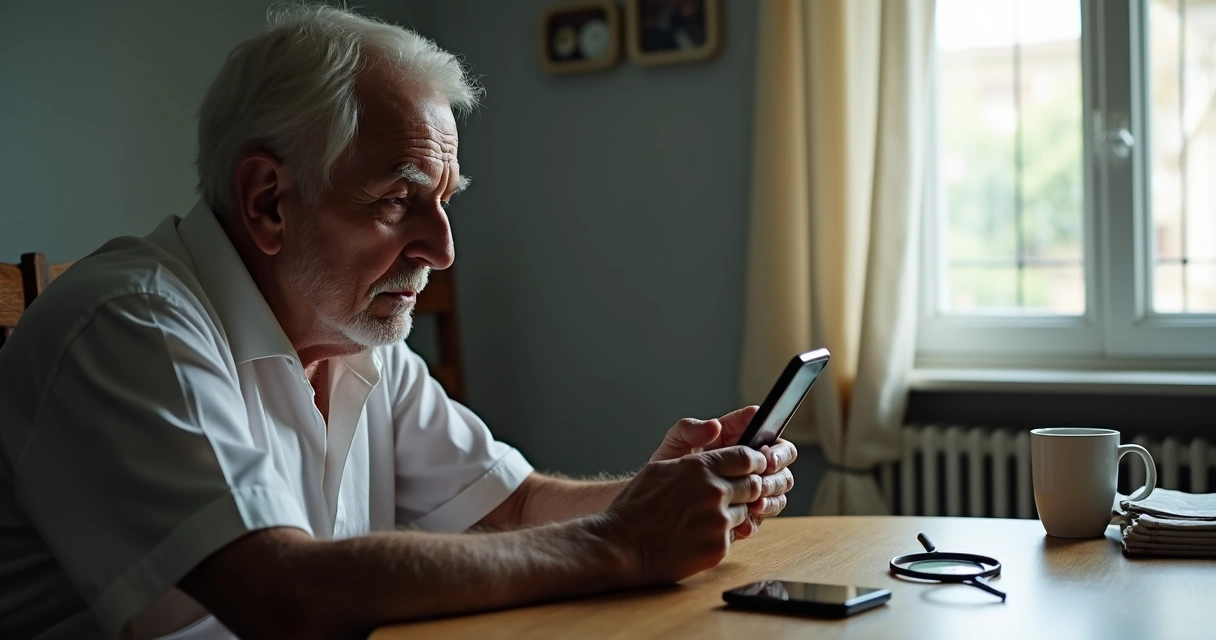 Homem idoso com dificuldade para enxergar tela do celular