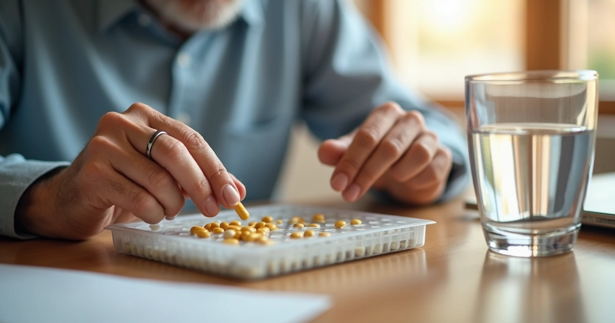Idoso tomando medicamento com copo de água
