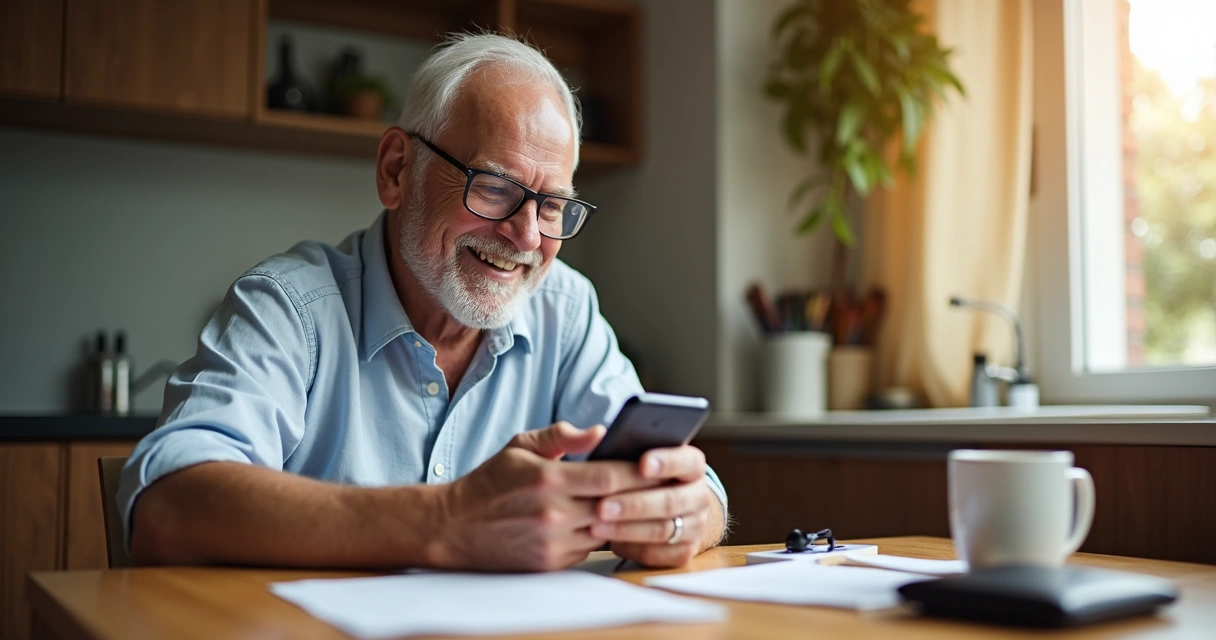 Senhor idoso sentado mexendo no celular para usar cartão benefício 