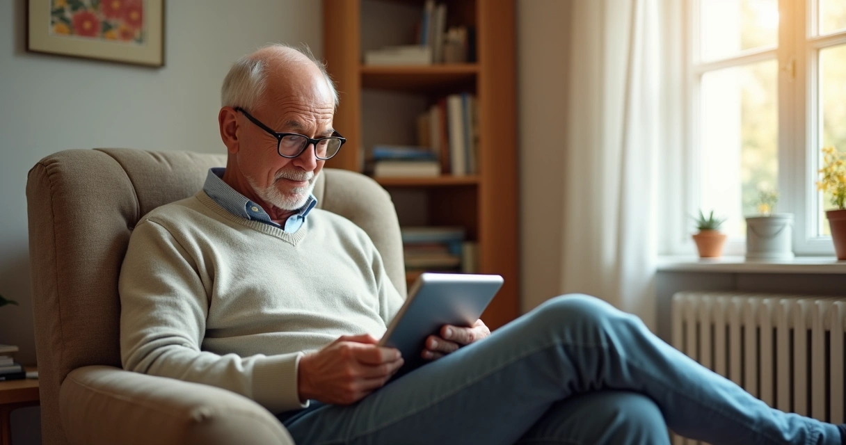 Idoso sentado usando um tablet em uma sala iluminada 