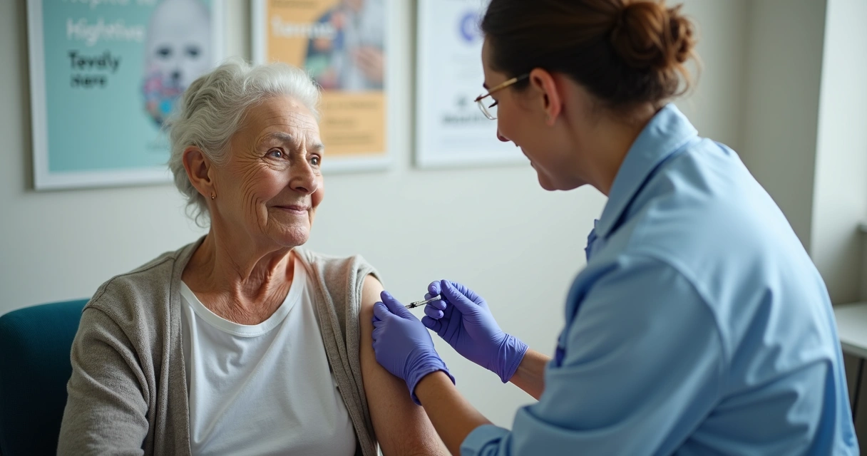 Idosa recebendo vacina no braço, profissional de saúde aplicando com seringa